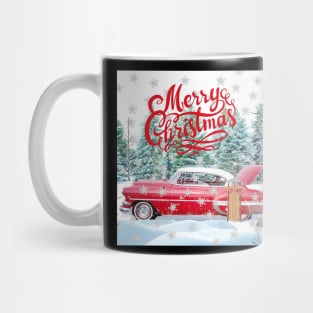 Red Car, Cats and Dogs Merry Christmas with Snowflakes Mug